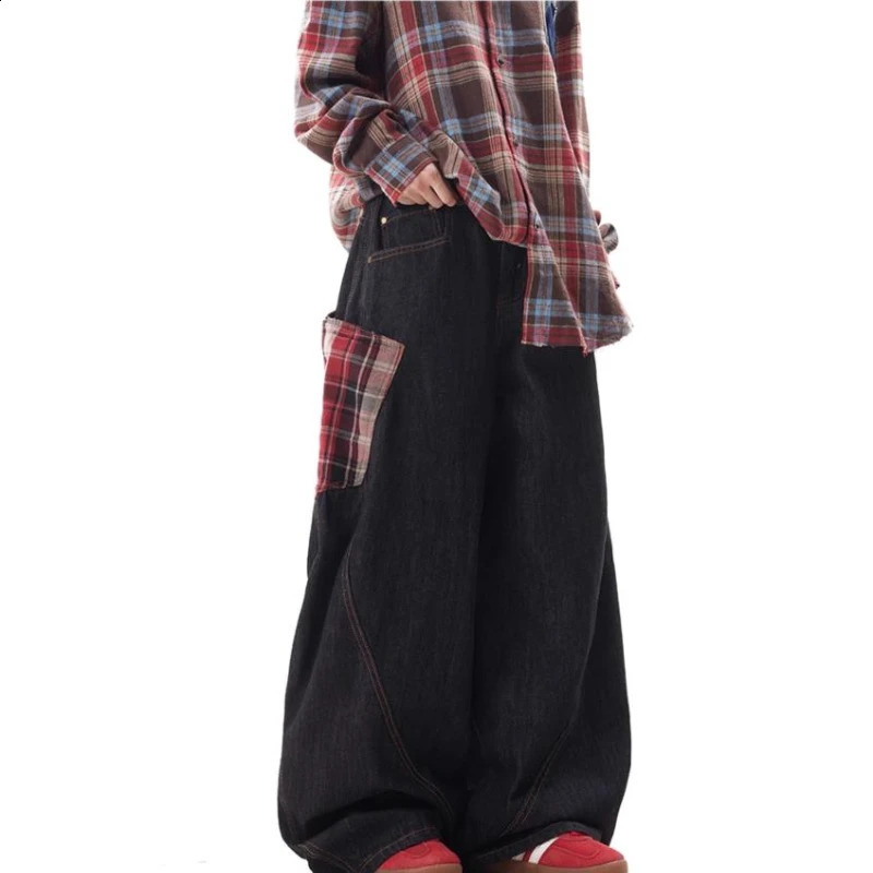 Plaid Patchwork Hip Hop Mens Jeans American High Street Big Pocket Couple Denim Pants Color Block Wide Legs Cowboy Trousers 250218