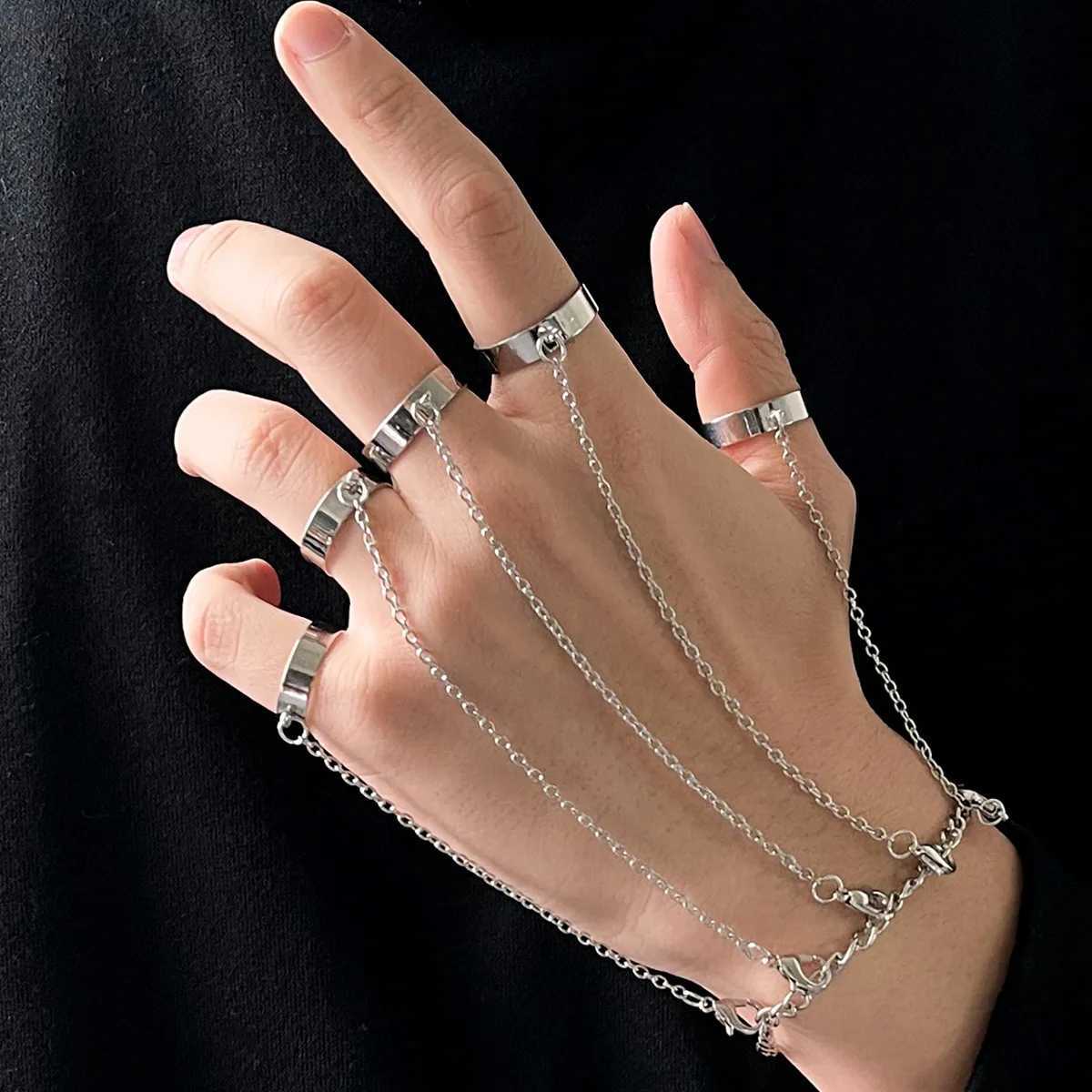 LATS Punk Silver Color Chain Wrist Bracelet Rings for Women Men Charm Set Couple Emo Detachable Ring 2022 Fashion Jewelry GiftXJ250219