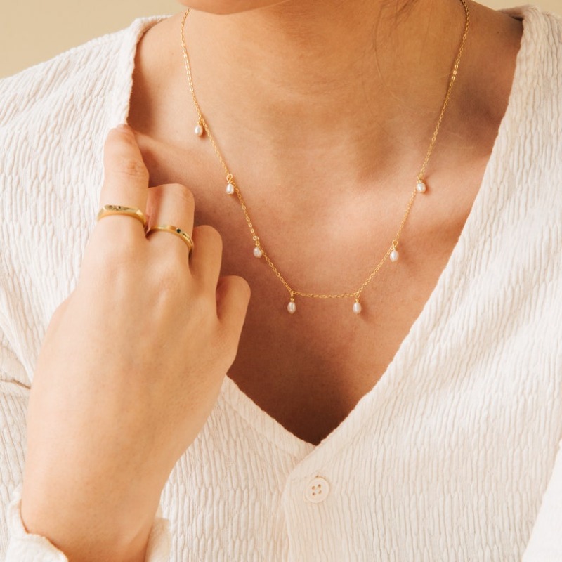 Pearl Drop Station in Gold Silver Statement Charm Necklace Layering Gift for Grandma