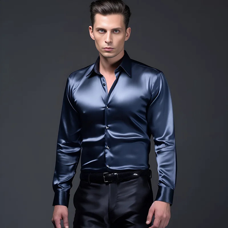 Men Satin Shirts Mens Dress Shirts Long Sleeve Casual Social Male Clothes Chemise Homme Shirt S40 250214