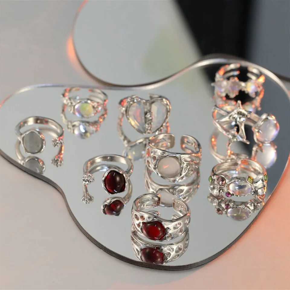 9PCS Set Aesthetic Silver Plated Y2K Irregular Moonstone Gemstone Rings for Women Teens Kpop Dainty Heart Open Ring Gift JewelryXJ250219