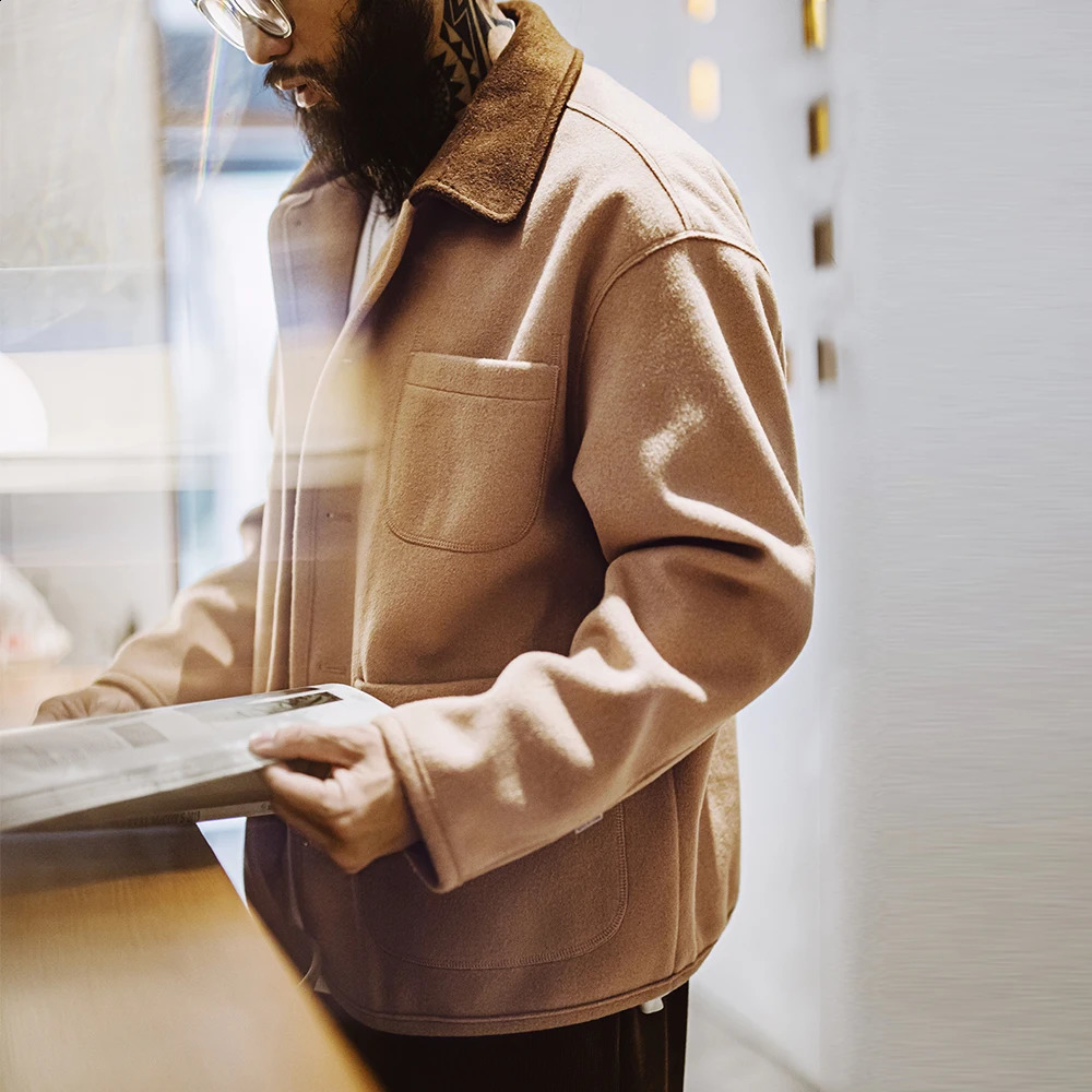 Maden Vintage Heavyweight Woolen Jacket with Contrasting Lapel Loose Fit Warm Outerwear Versatile Coat for Mens Fall and Winter 250214