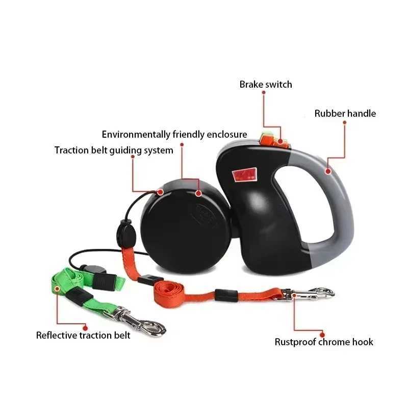 3M Double Head Dog Leash Pet Double Head Leash Automatic Retractable Leash One Tow Two Double Head Leash Dog SuppliesXJ250218