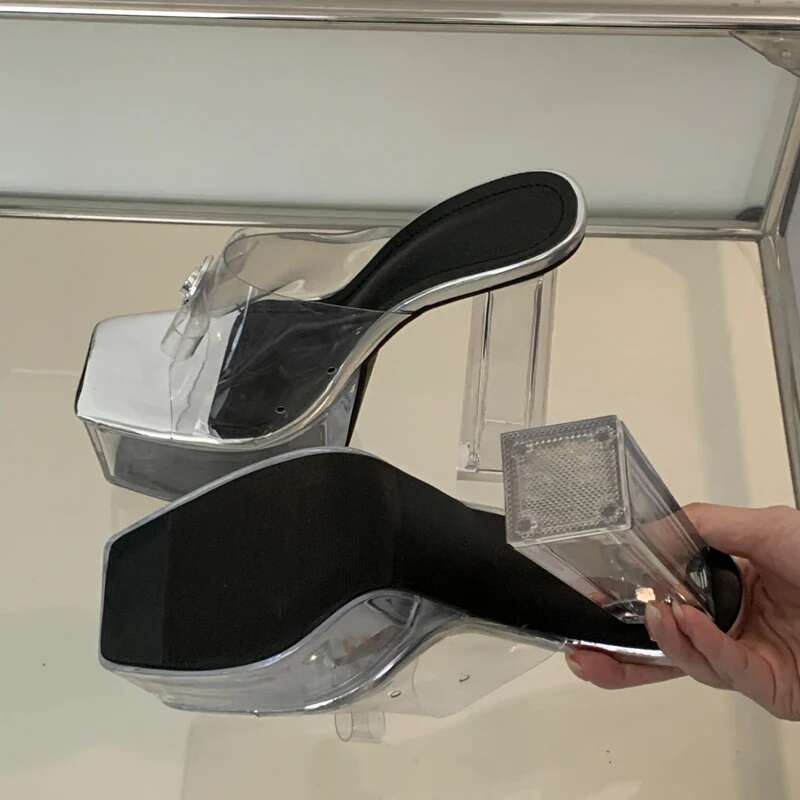 Summer Fashion Sier CRYSTAL PVC Transparent Platform Slippers Women Open Toe Square Heel Sandals Dance Ladies Shoes