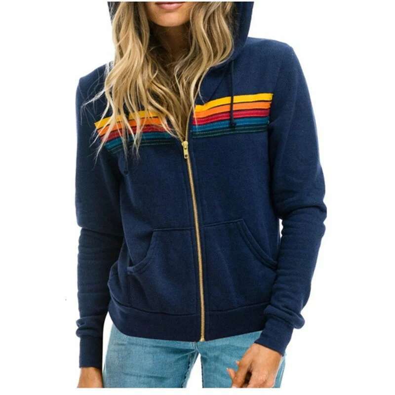 2025 Women Men Zipper Rainbow Long Sleeve Hooded Sweatershirt Haruku Elastic Hip Hop 5 Stripe Hoodies Jacket