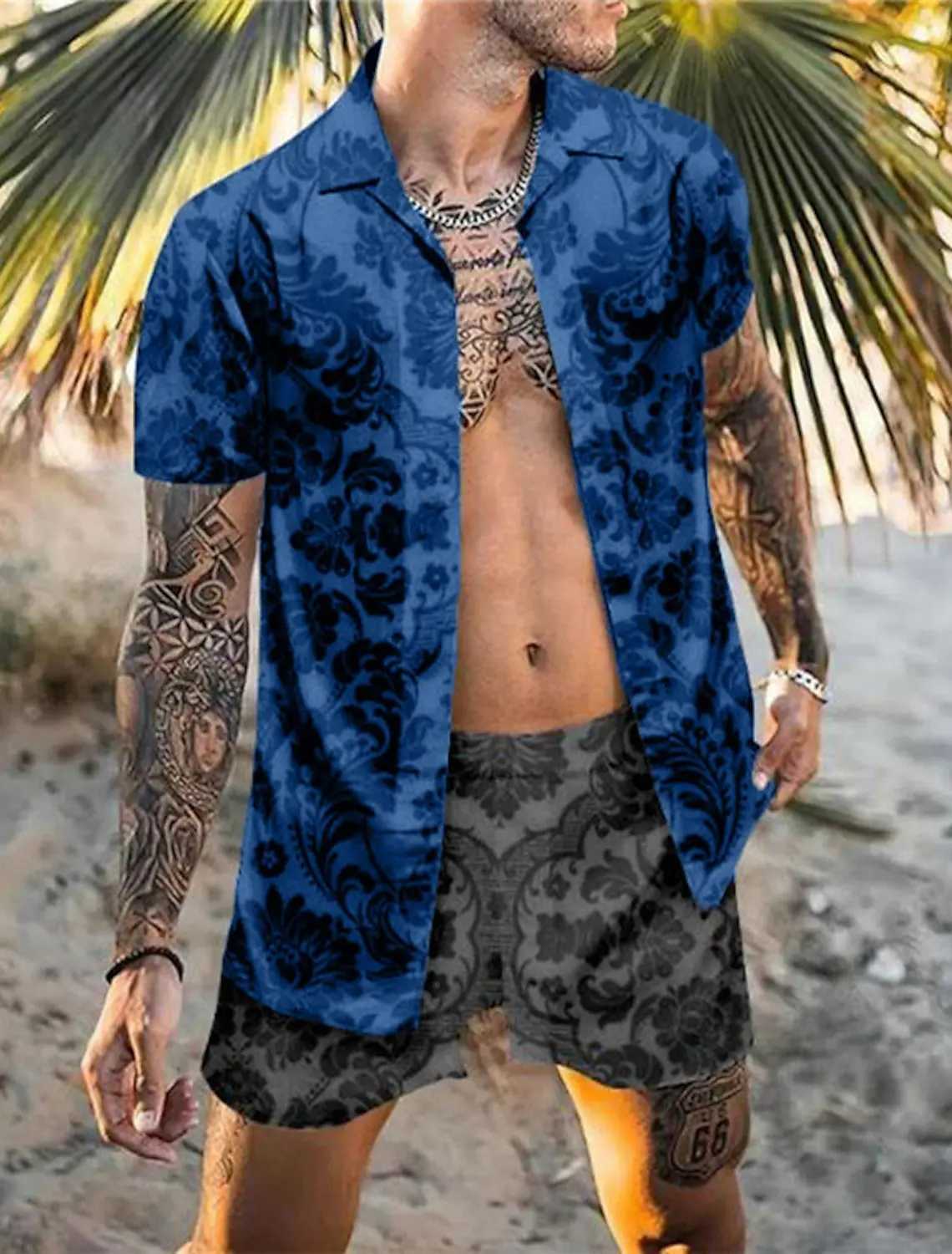 2023 Mens Shirt Set Retro Classic Stripe Pattern Color Pattern Comfortable Loose Tropical Jungle Vacation Fashion All-matchXJ250218