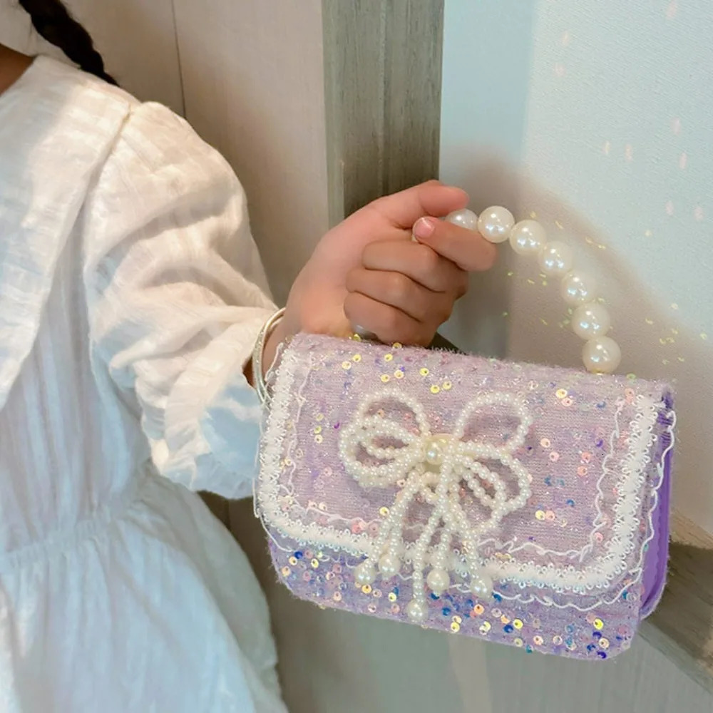 Korean Style Pearl Kids Handbag Lace Bow Princess Shoulder Messenger Bag Sequin Zero Wallet Pocket Pack 250219