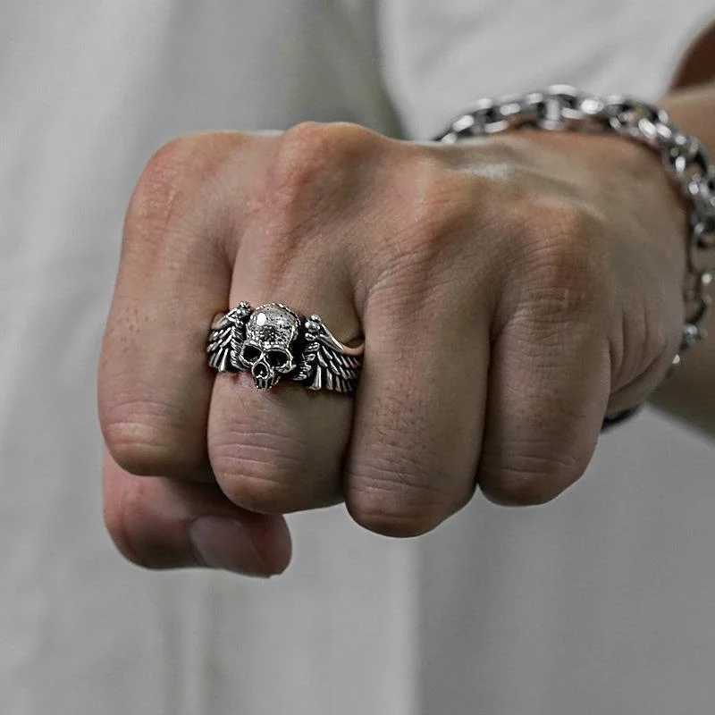 Ring Unisex Retro Vintage Hip-hop Personality Wings Skull Head Opening Ring WholesaleXJ250219