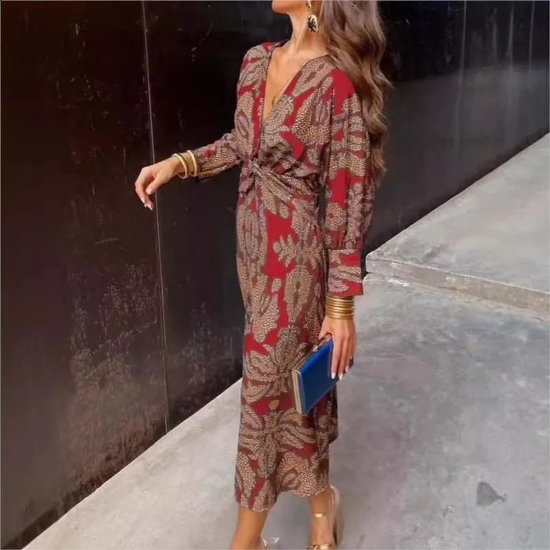 Vestidos Para Mujer Womens Retro Printed Midi Dress Round Neck Elegant Long Sleeve Dress Spring/Summer Party Dresses 250218