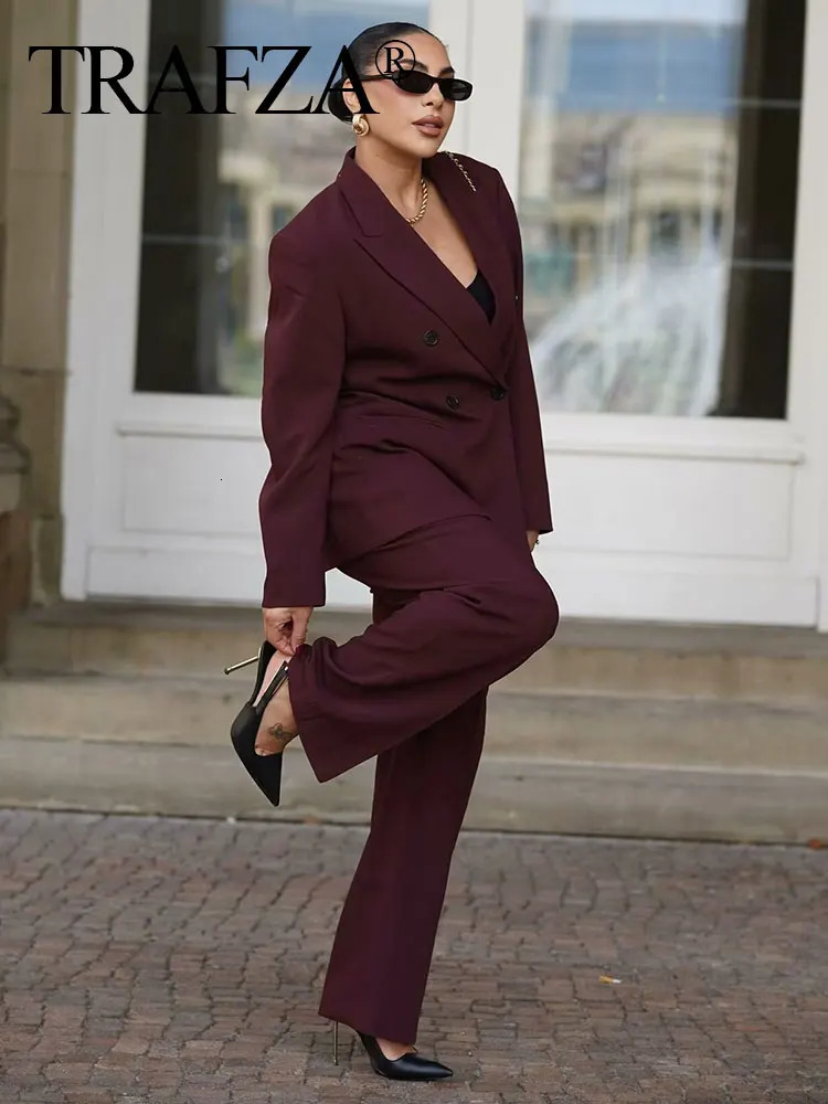 TRAFZA Womens Burgundy Blazer Sets Lapel Double Breasted Autumn Suit Coat Office Lady Commute Woman Wide Leg Long Pant 250218
