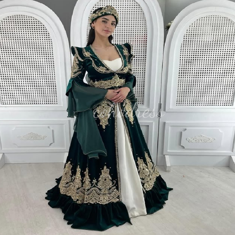 Exquisite Green Egyptian Evening Dress With Gold Lace Turkish Arabian Dubai Prom Dress Beaded Moroccan Formal Birthday Gown 2025 Vestio De Fiesta Robe