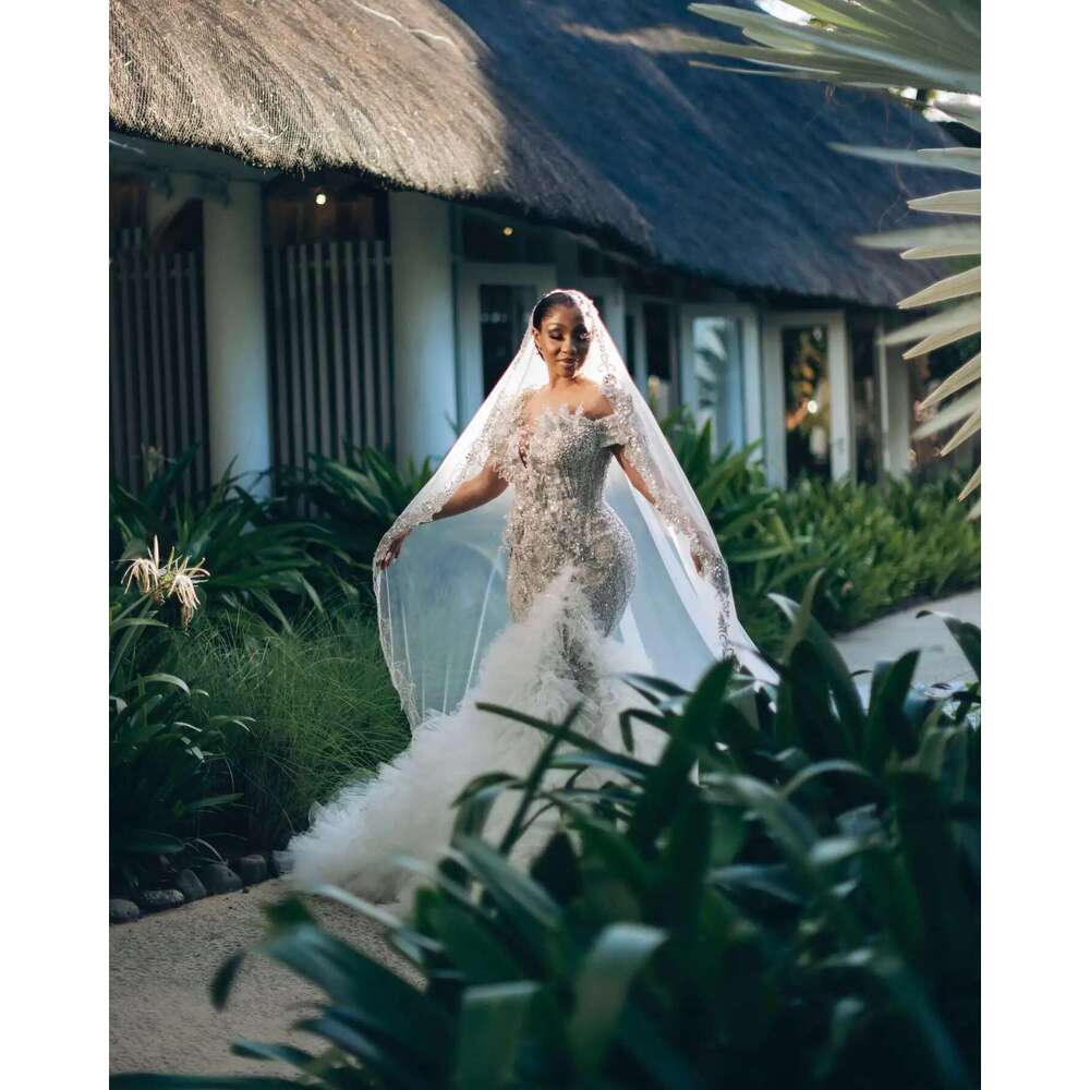 ful Off the Shoulder Appliques Crystals Pearls Mermaid Wedding Dress Plus Size Multi-Layered Robe De Mariage Bridal Gown