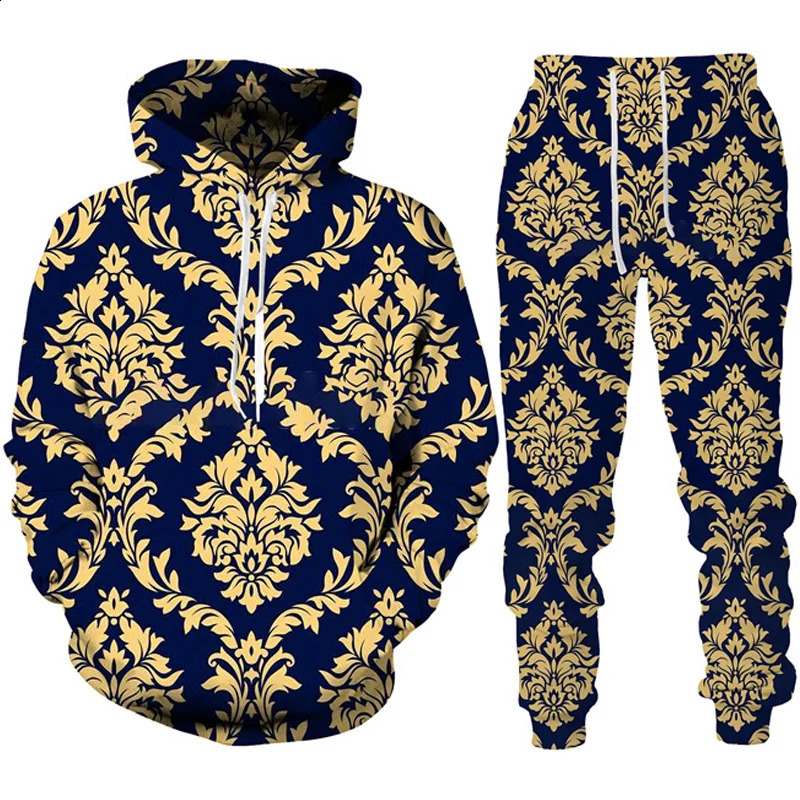Baroque Court Style Hoodie/Suit Mens Golden Flower 3D Printed Sweatshirt Trousers Set Fashion Unisex Streetwear Clothing 250218