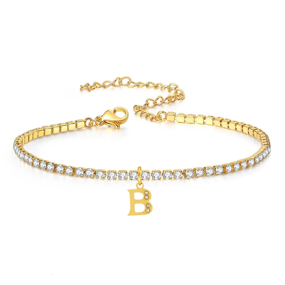 Drop Classic AZ CZ Zircon 26 Initial Pendant Charm Bracelet Women 2MM Tennis Chain Stainless Steel Wedding Jewelry 250213