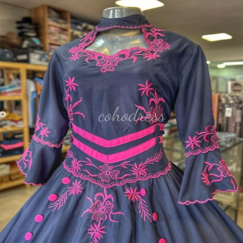 Unique Navy And Hot Pink Evening Dress Victorian Gothic Steampunk Prom Dress Embroidery Charro Carnival Flamenco Formal Gown Vestio De Novia Charming 