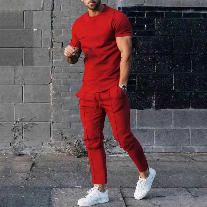 Sports Set Mens Fall 2023 Summer Solid Casual Round Neck Short Sleeve Sports T-shirt Two Piece Set for MenXJ250218