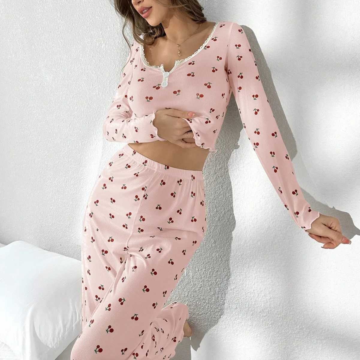 Autumn New Pajamas Women Long Sleeves Trousers Sets V-neck Cherry Print Hem Home Wear 2 PCS Home Clothes Sleepwear Z250219