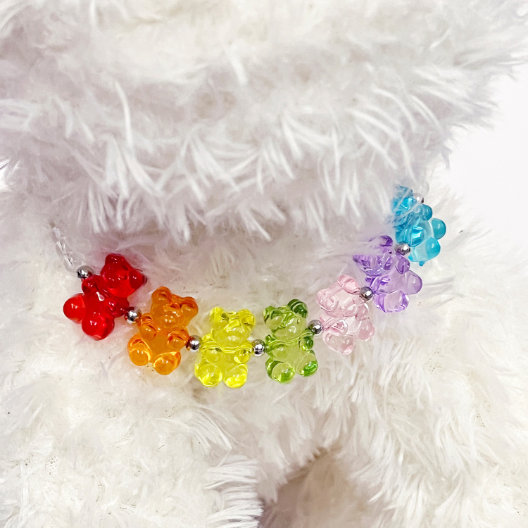 Fashion Bead Dog Necklace with Rainbow Bear with Seven Colors, Exquisite Cat Dog Neck Decoration Necklace for Small Medium Dogs, Adjustable Pet Neckla