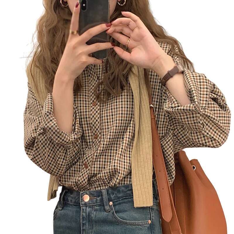 Fashion Women Shirts Retro Coffee Plaid Loose Casual And Versatile Long-Sleeve Spring Autumn Commuting