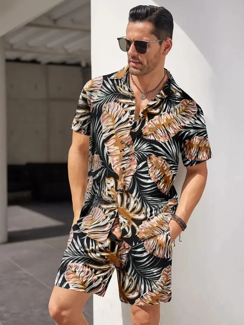 Summer Mens Lapel POLO Shirt Suit Hawaii Printed Pattern Sportswear Casual Oversized Top Shorts Breathable Plus Size 250219