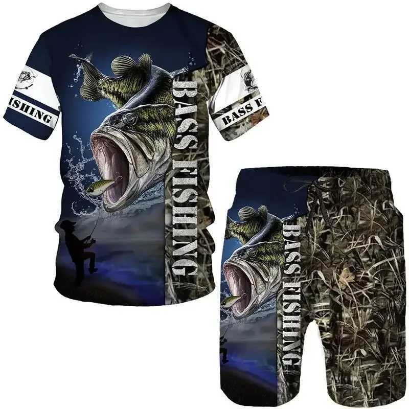Mens Outdoor Fishing Hunting 3D Print T-shirt Shorts 2-piece Set O-neck Retro Fashion Sports Short Sleeve Pullover High-qualityXJ250218