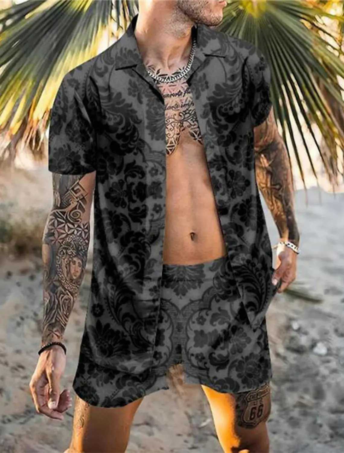 2023 Mens Shirt Set Retro Classic Stripe Pattern Color Pattern Comfortable Loose Tropical Jungle Vacation Fashion All-matchXJ250218