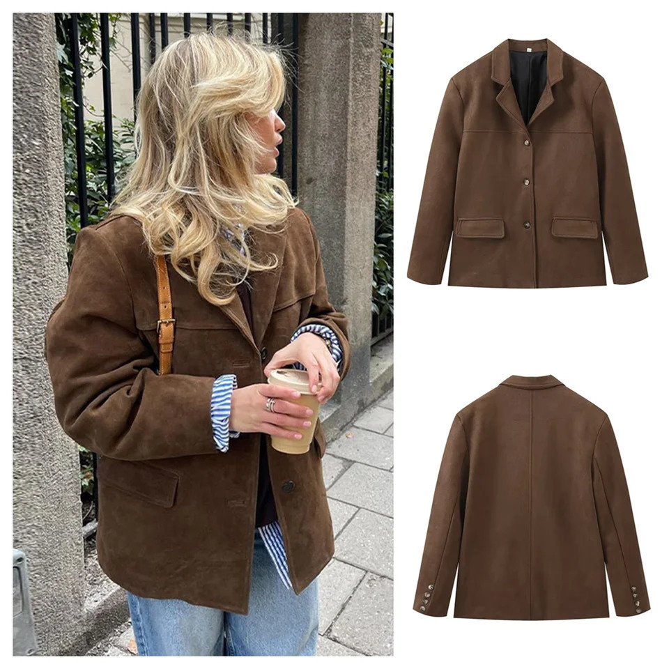 PB ZA Autumn Womens Clothing Style Commuting Loose and Versatile Collar Pocket Long Sleeve Suit Coat 250213