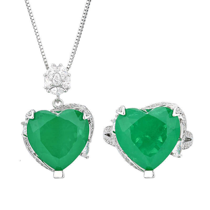 New jewelry set, heart-shaped ring necklace, grandmother green, niche, high-end, adjustable for women