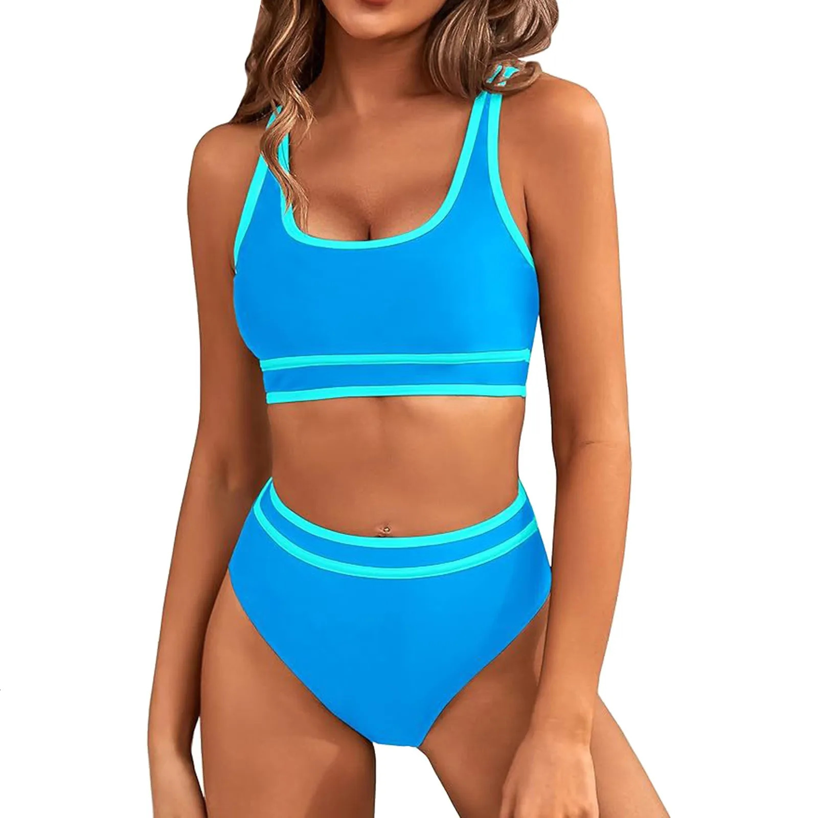 Womens High Waisted Bikini Sets Two Piece Sporty Swimsuit Solid Color White Edge n Tops For Women Bathing Suit 250219