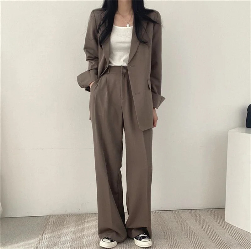 Summer Pink Jacket Blazer Casual Wide Leg Pants Two Piece Set Elegant Womens Pants Suit Office Set 250218