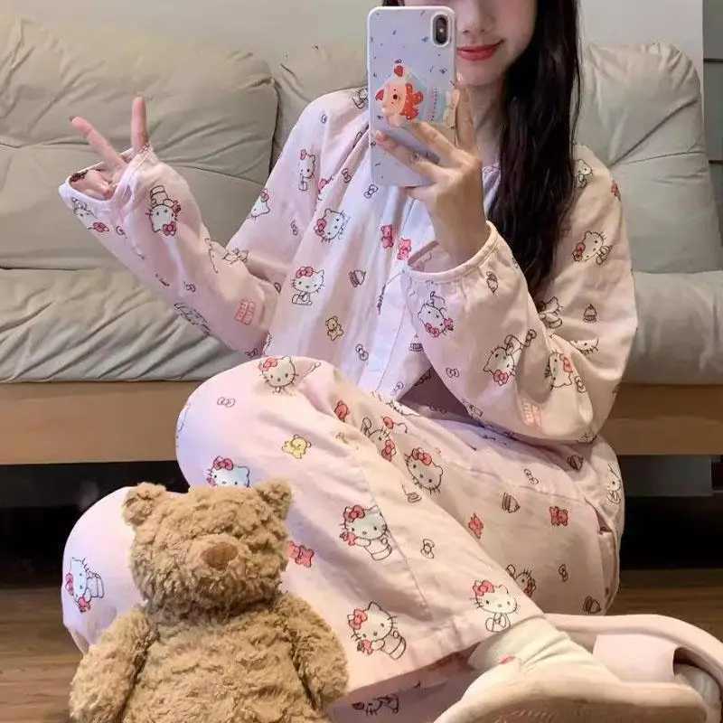Hello Kittys Womens Pajamas Sanrioed Anime Printed Sleepwear Pants Set Spring Autumn Kawaii Cartoon Soft Casual Girl Loungewear Z250219