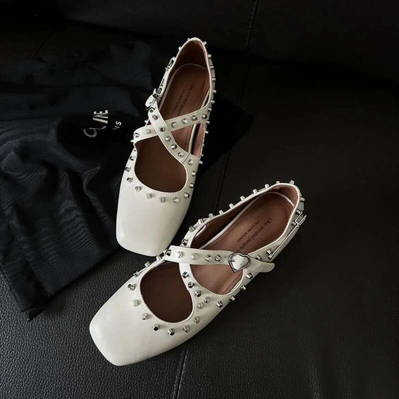 Fashion genuine leather rivet square toe women ballet flats