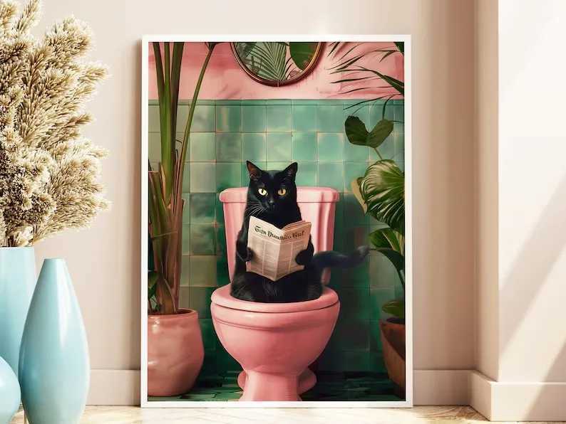 Trendy Bathroom Cat Pooping Reading in The Toilet Canvas Painting Wall Art Print Bathroom This Toilet Decor Y250218