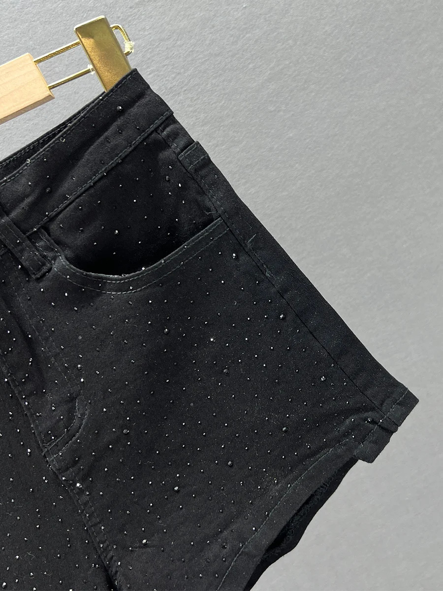 White Rhinestone Denim Shorts for Women Summer Thin Stretch Cotton High Waist Slim Slimming European Pants Jean Shorts 250217