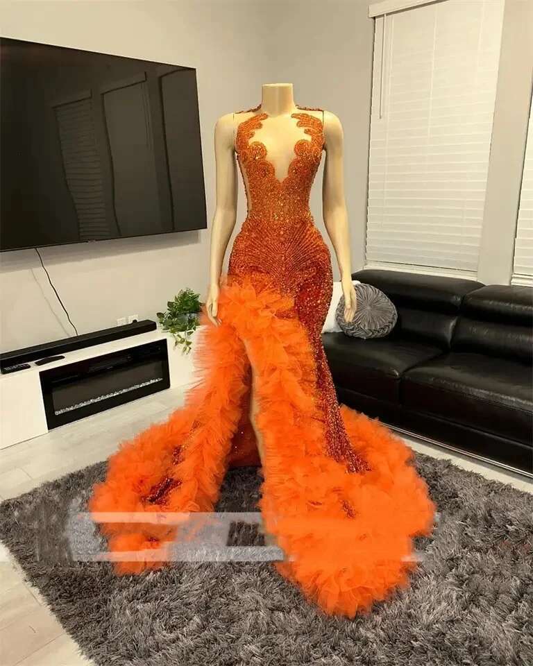 Orange Prom Dresses 2024 Black Girl Mermaid Beaded Crystal Ruffles with Slit Birthday Evening Gala Gown Graduation Dress