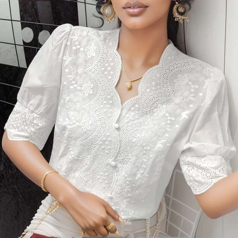 Summer Embroidery Puff En Cotton Women Blouse Spring Casual White Hollow Out Tops Short Sleeve Shirt