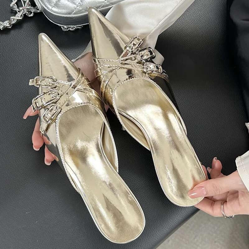 Fashion Narrow Band Buckle Strap Mule Women Slippers Elegant Pointed Toe Thin High Heels Banquet Prom Spring Shoes