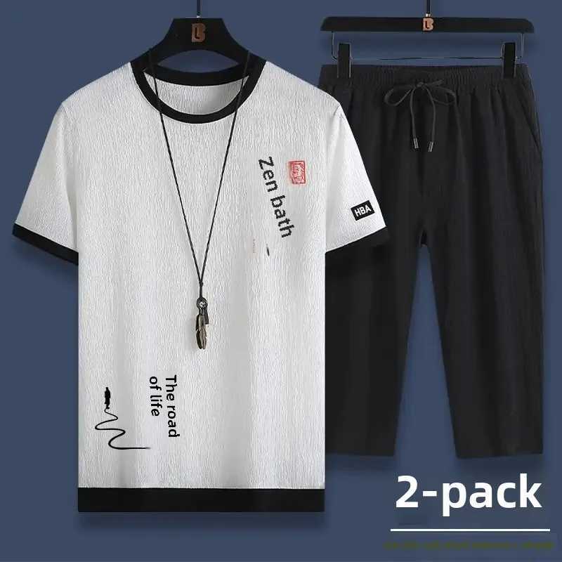 Summer Casual Mens Sports Suit Ice Silk Short Sleeved T-shirt Shorts Two-Piece Fashionable Set Chinese Mainland OriginXJ250218