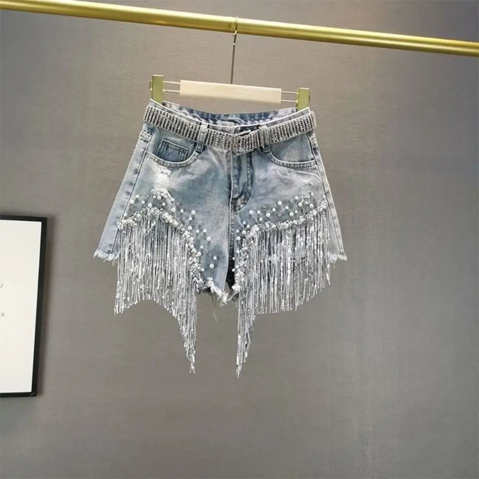 Denim Shorts for Womens Summer and Korean Versions High Waisted and Slim with Holes Studded Sequins Tassels Wide Leg Pants 250217