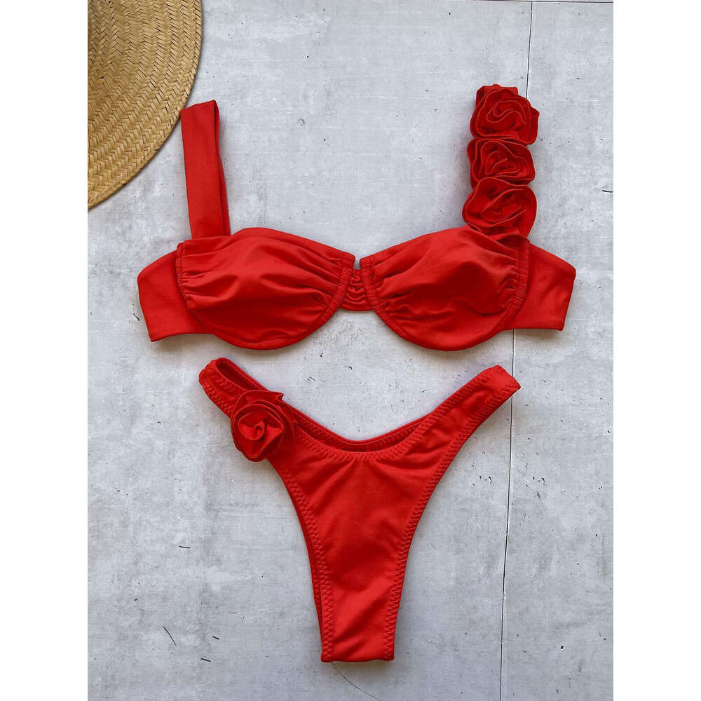 bikini European and American solid color steel holder three-dimensional wer split women's swimsuit swimsuit, 2025 temperament versatile new trend