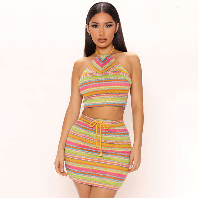 European and American style women's printed hanging neck ins tank top, hip hing skirt set, hot item, 2025 new casual versatile fashion clothing