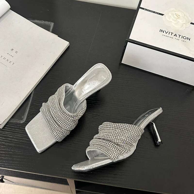 Summer bgbg crystal slides square toe low thin heel slip on sandals