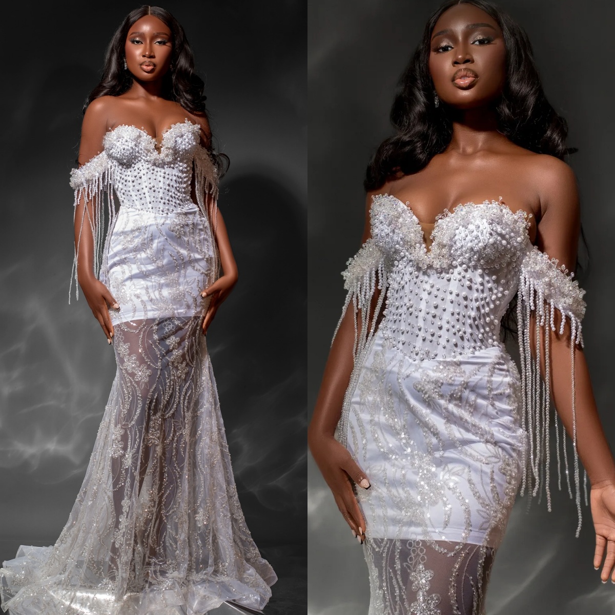 Stylish Off Shoulder Wedding Dresses Pearls Crystal Mermaid Bridal Gowns Tassel Customized Lace Up Backless Princess Sweep Train Bride Dress Vestidos 
