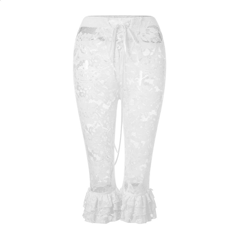 Women Floral Lace Pants Coquette See-Through High Waist Ruffles Hem Trousers Summer Casual Pants Stretch Crop Leggings 250218