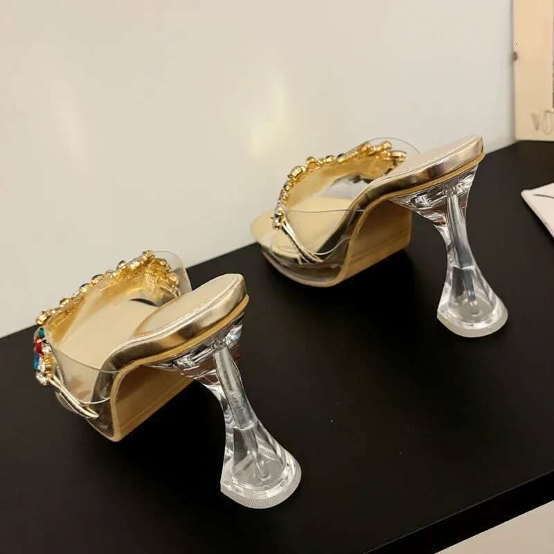 Summer Fashion PVC Transparent Square Toe Woman Slippers Crystal Clear High Heels Slides Shoes atos De Mujer
