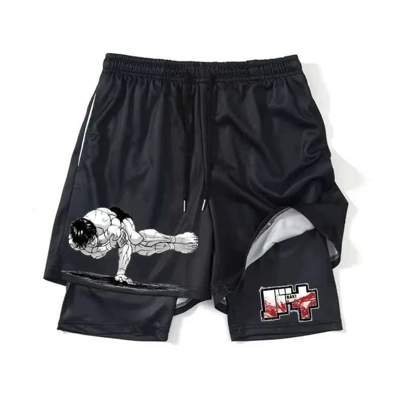 Anime Hanma Baki Gym Shorts Black for Men 2 In Mesh Quick Dry Board Shorts Mens Bodybuilding Fitness Running Short Pants Summer W250219