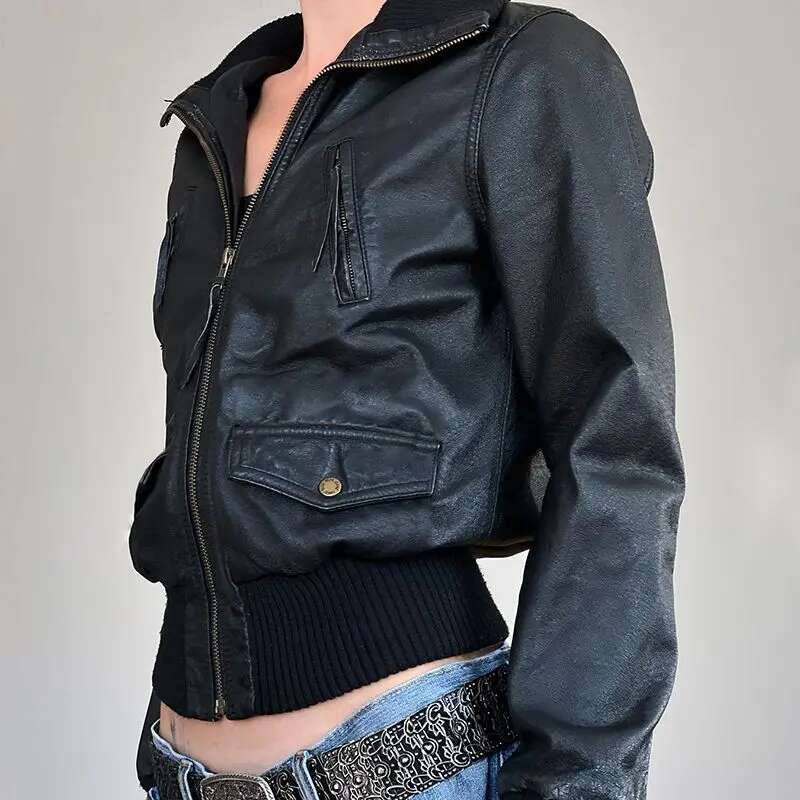 American Style Vintage Workwear Zipper PU Leather Stand Collar Waist-Fitted Screw Thread Sewn Slimming Jacket