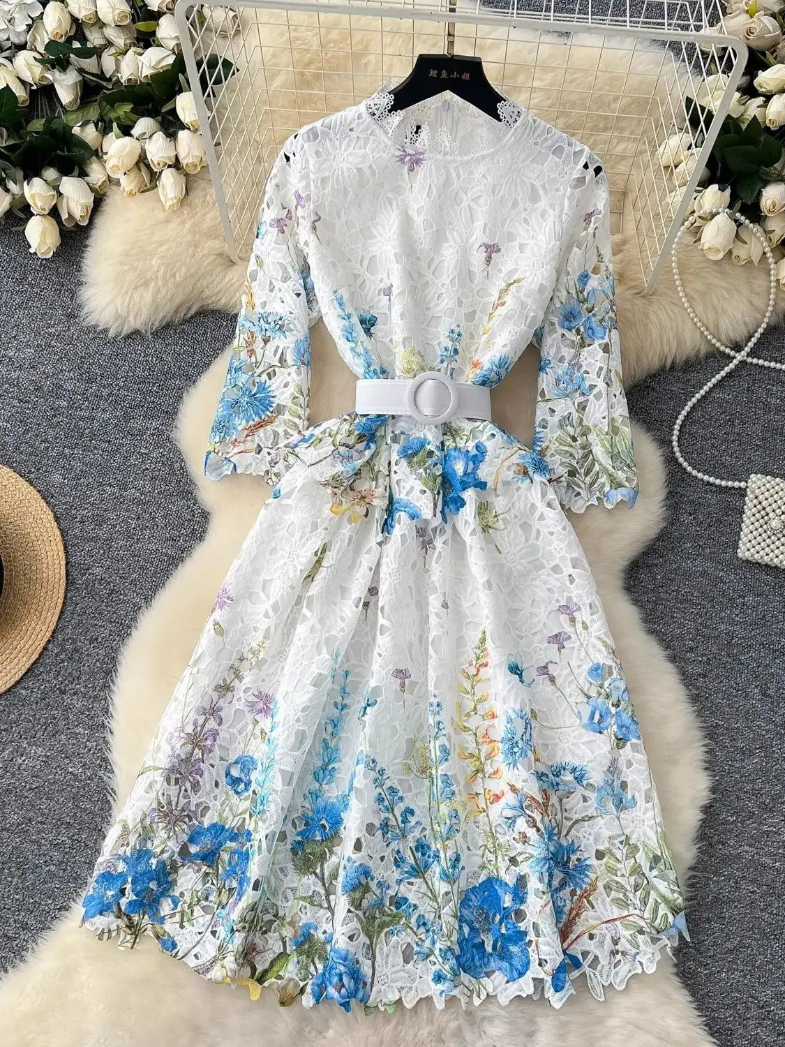 Autumn Elegant Flower Embroidery Lace Midi Dresses For Womens Summer Prom Dresses Evening Robe Party Vestidos Belt Fancy 250218