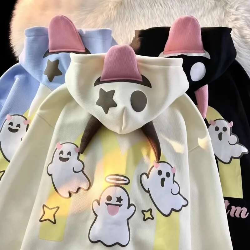 Devil Horn Hooded Top Women And Men Couple Loose Oversized Sweatshirt Anime Casual Zip up Hoodie Y2k Vintage Streetwear