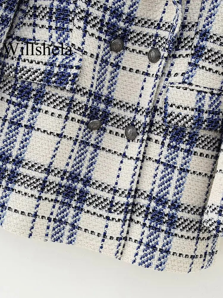 Willshela Women Fashion With Pockets Texture Plaid Double Breasted Blazer Vintage Notched Neck Long Sleeves Female Chic Outfits 250213
